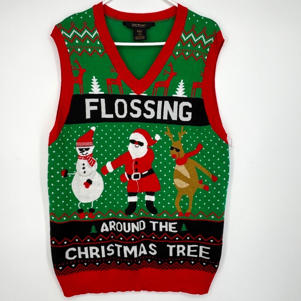 Old River Mens Adult Medium Ugly Sweater Vest Flossing Around the Christmas Tree